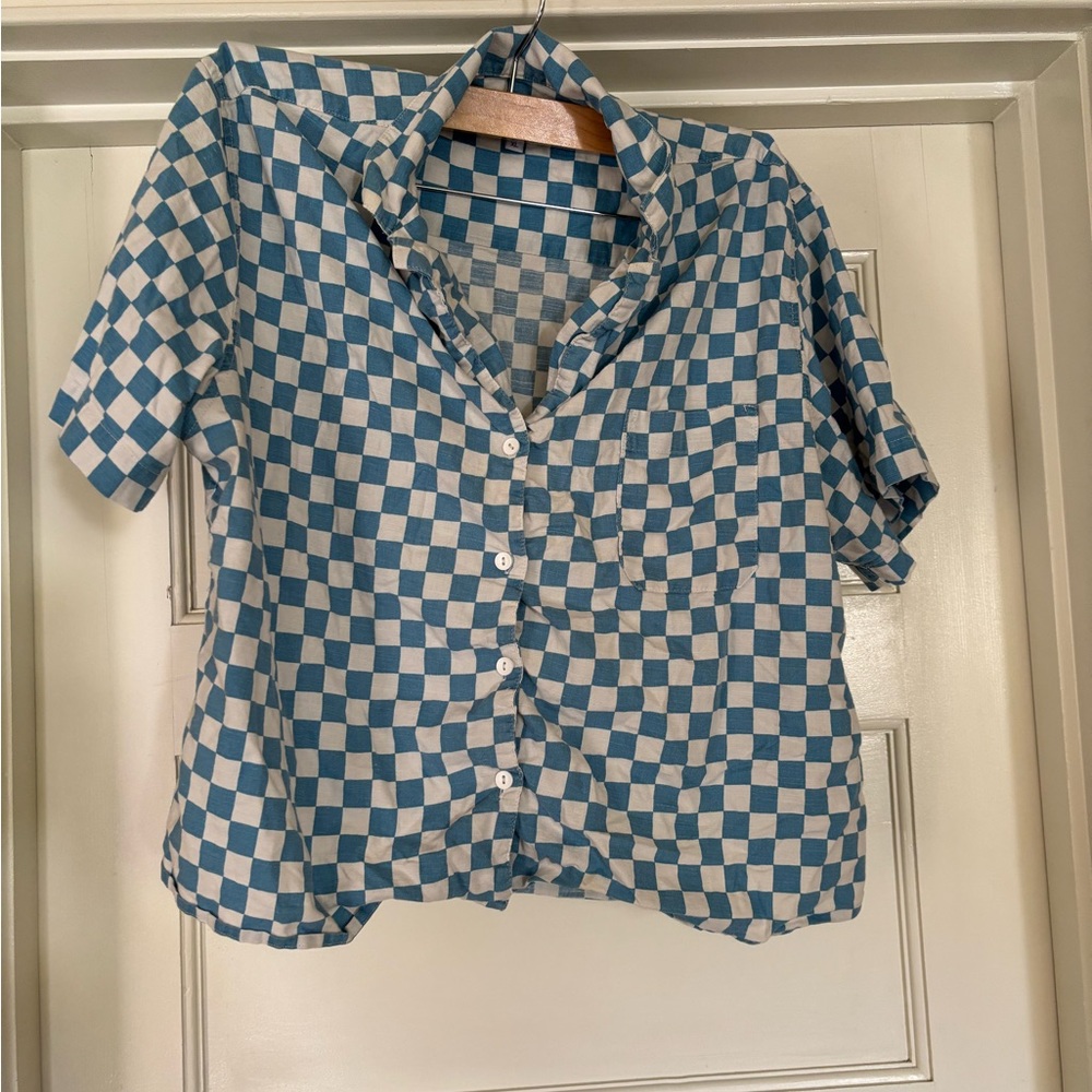 wray checkered button down top aqua size xl